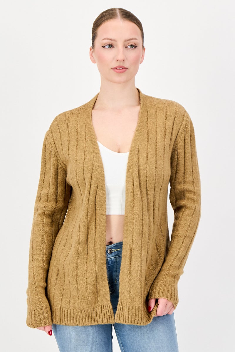 trendyol Women Split Neck Textured Cardigan, Brown - Image 1